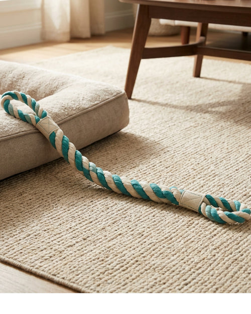 Gridn Braided Rope Tug Toy 42 cm Natural and Teal - Lifestyle view