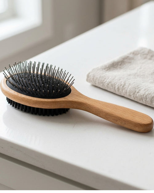 Gridn Dual-Sided Pet Grooming Brush 22 cm Beech and Charcoal - Lifestyle view